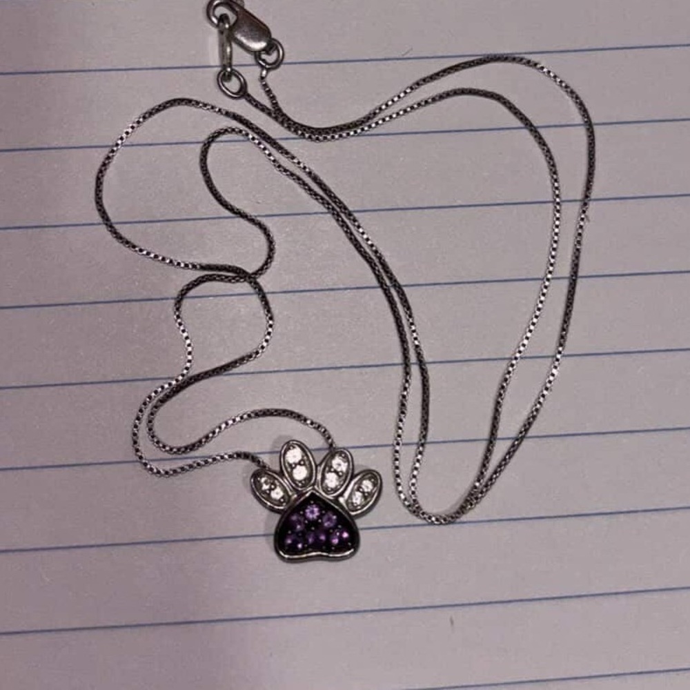 Silver Paw Pendant Necklace with Purple and Clear Stones - Women
